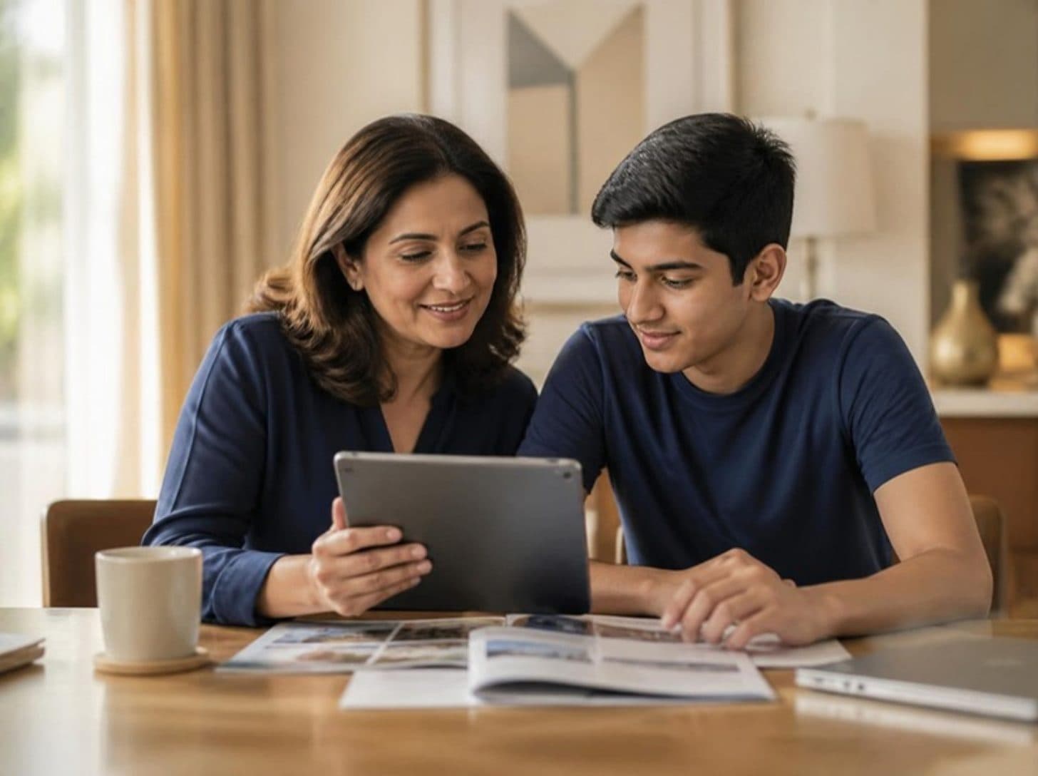 A parent and a teenage student comparing university options on a tablet